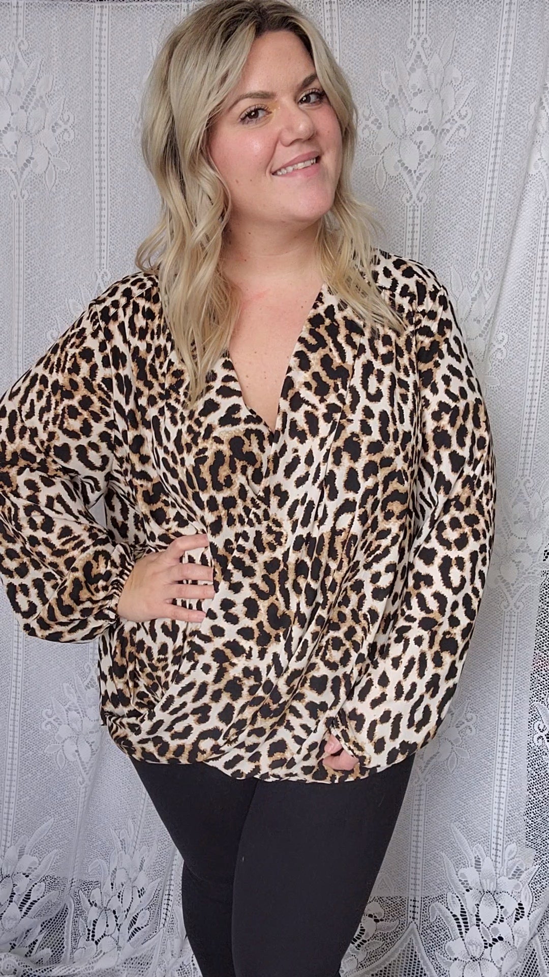 Size 3x Deep V Neck Leopard Long Sleeve Blouse