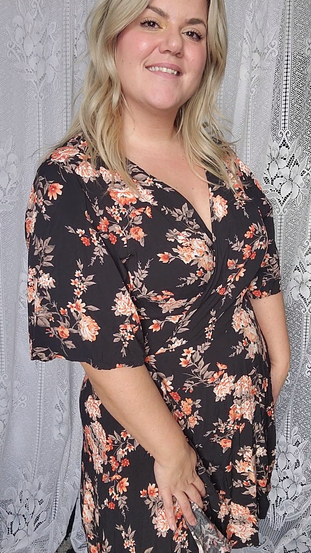 Fits like a 1x/2x Floral Wrap Dress