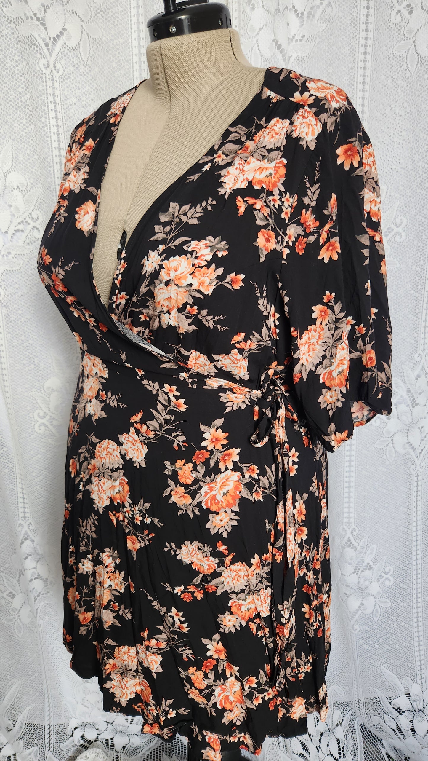 Fits like a 1x/2x Floral Wrap Dress