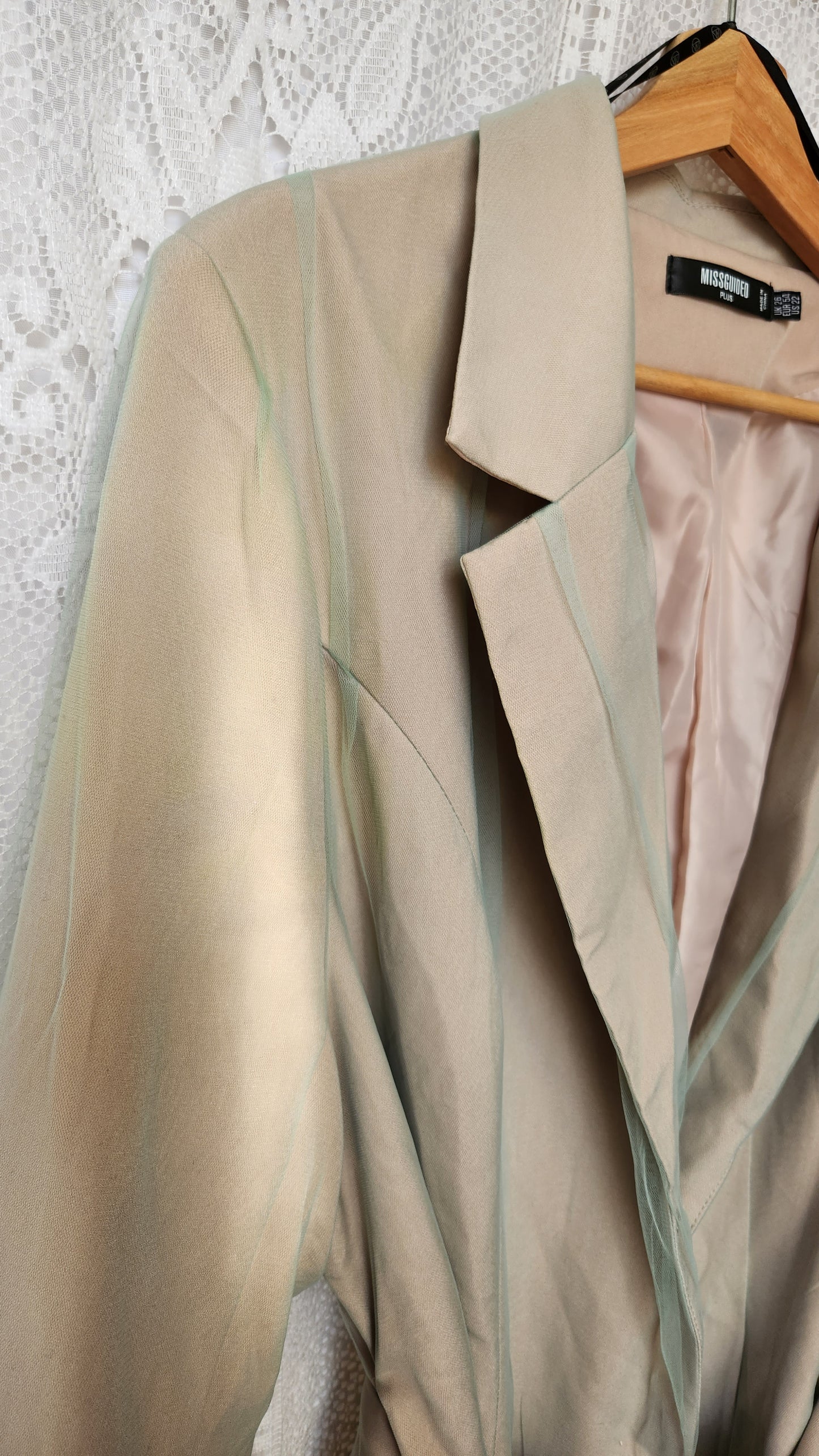 Size 22 Beige Trench Coat with Green Mesh Overlay