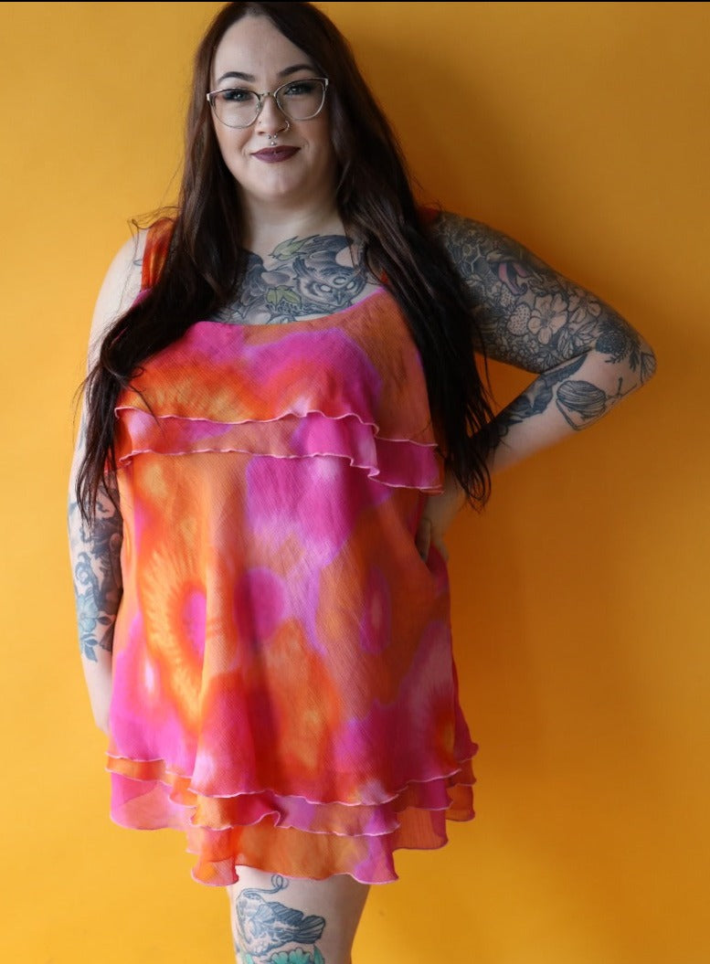 Size 26/28 Y2k Orange & Pink Tie-dye Mini Dress