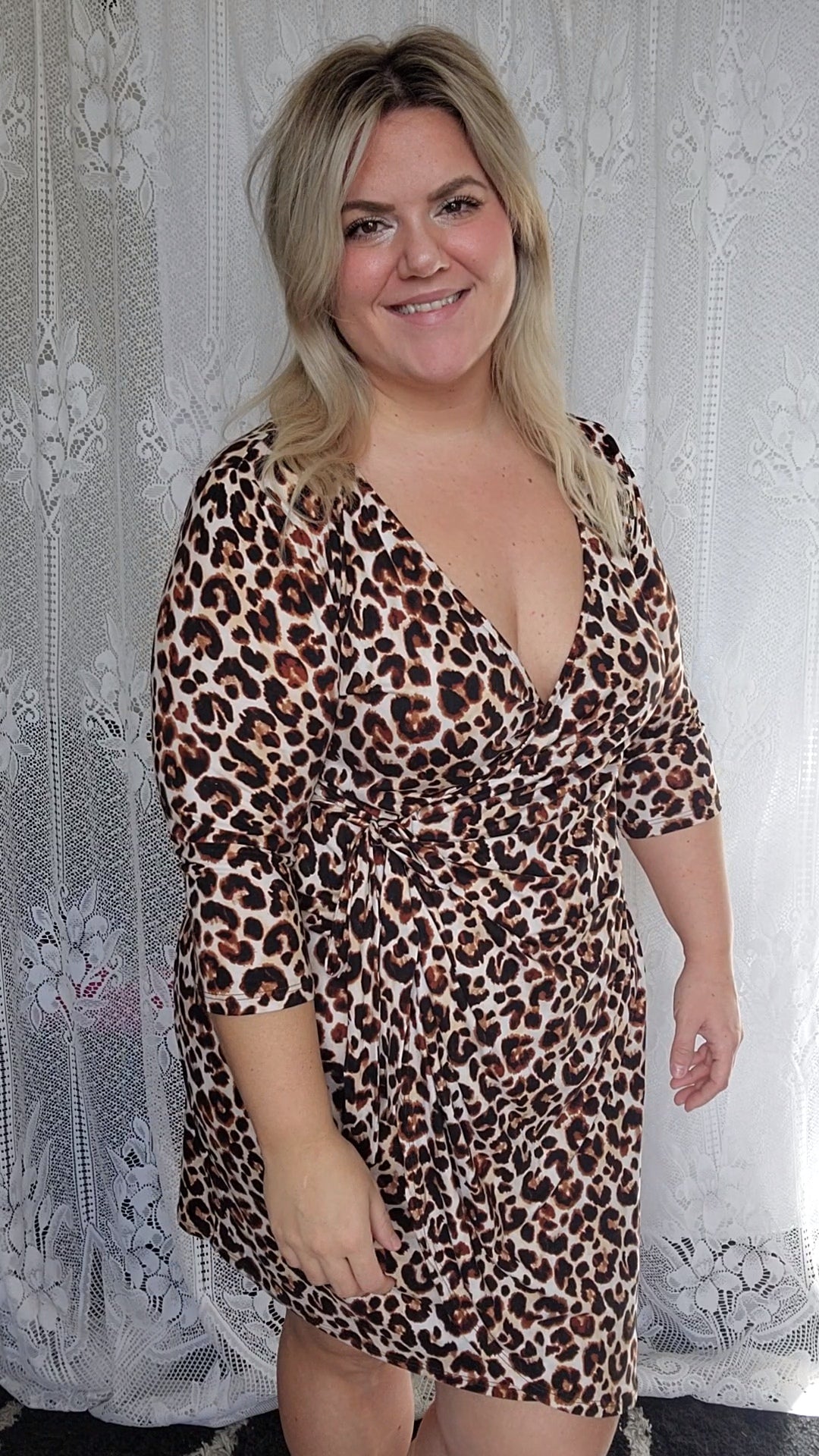Size XL 3/4 Sleeve Leopard Print Faux Wrap Dress