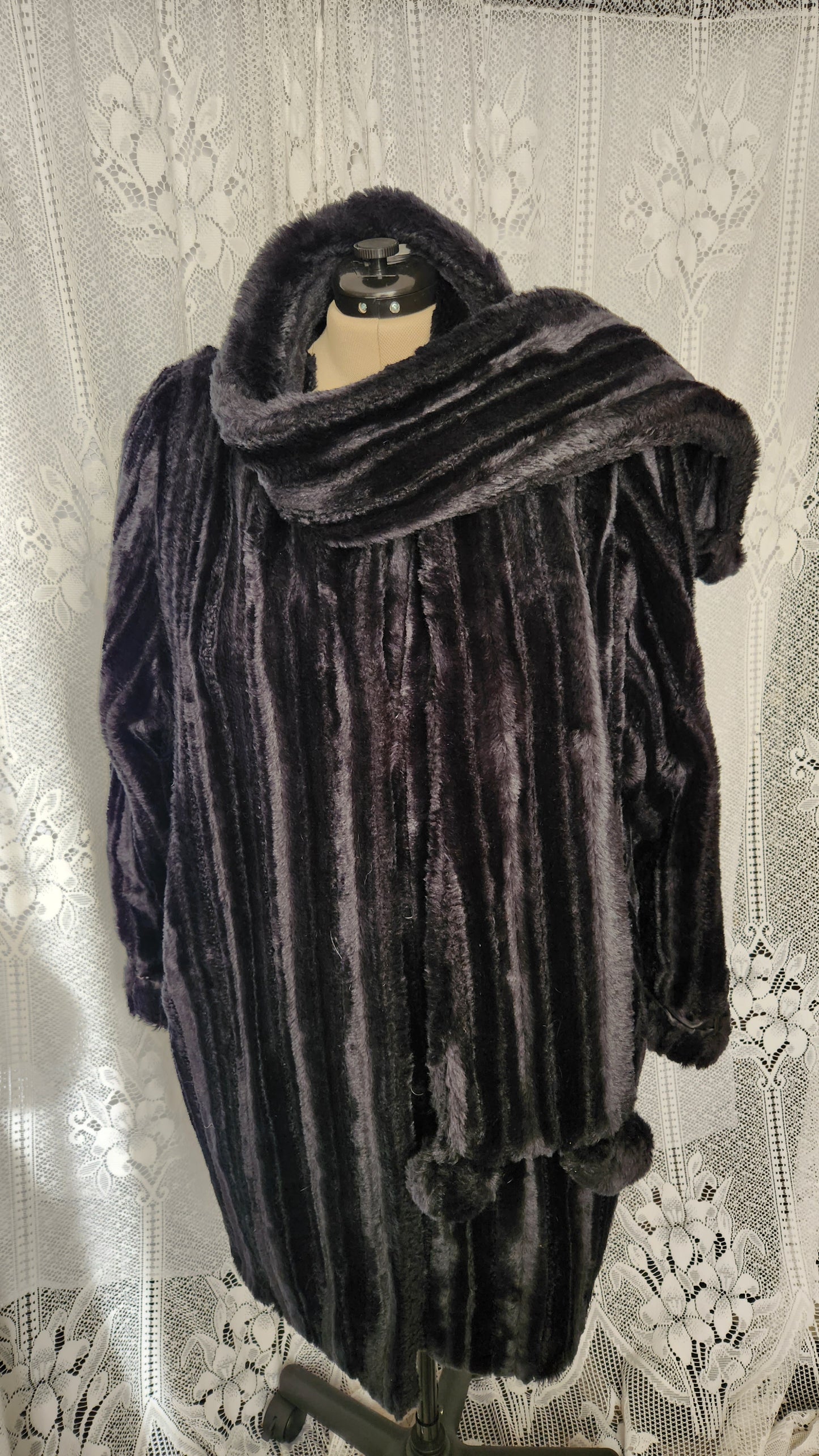 Size 20 Black Faux Fur Coat with "Scarf" attached