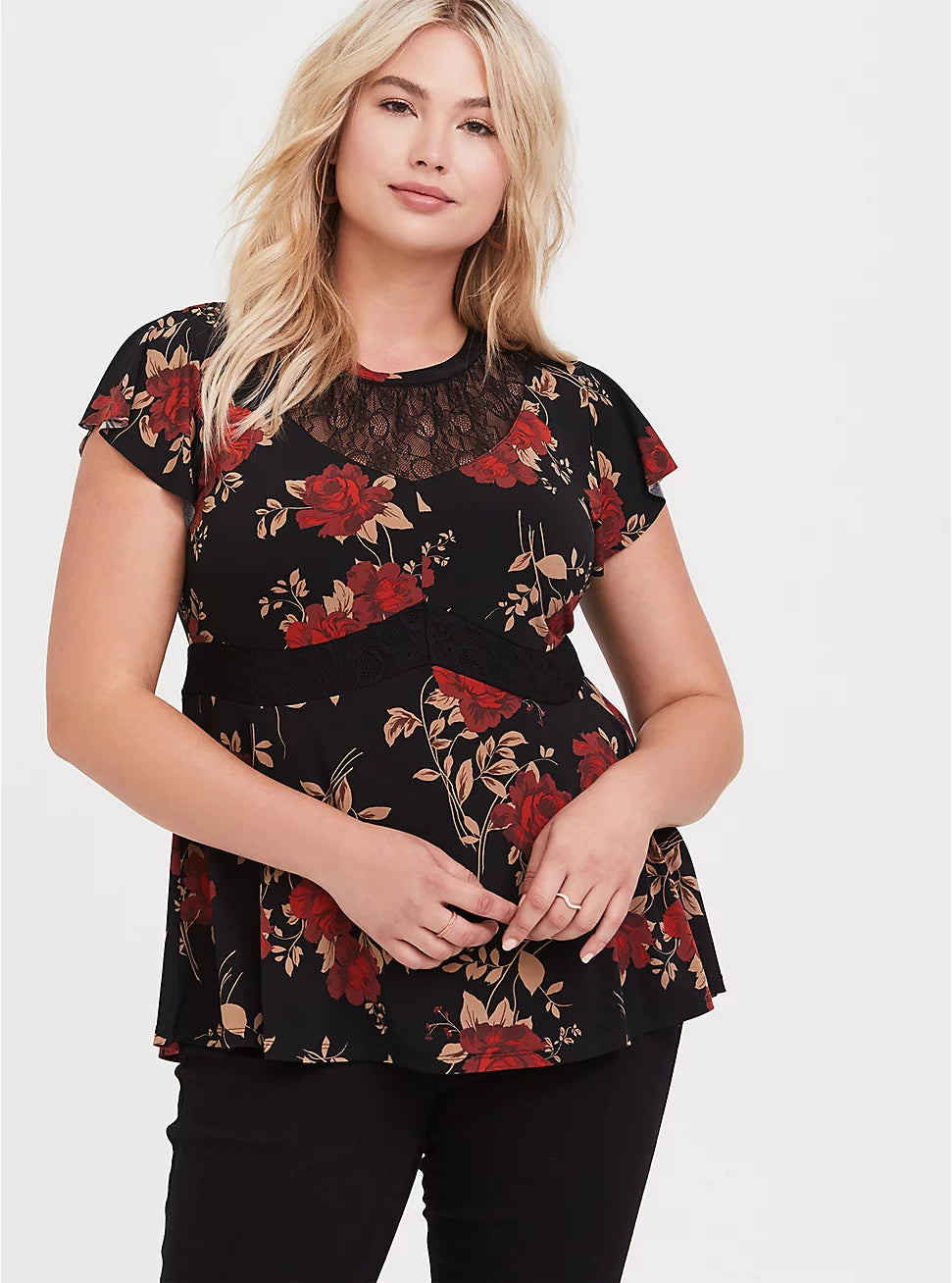 Size 5x Black and Red Floral Studio Knit Lace Peplum Top