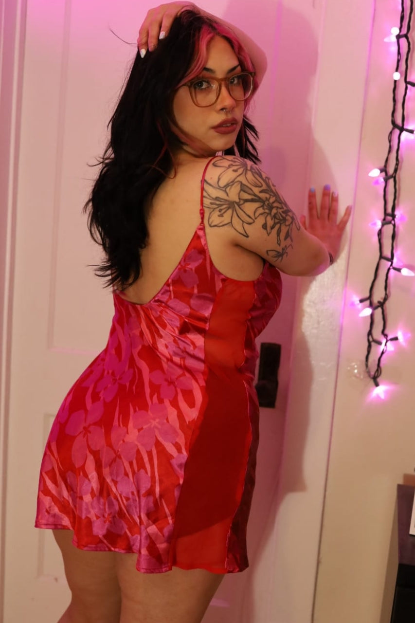 Size Large Vintage Pink and Red Satin Slip Dress