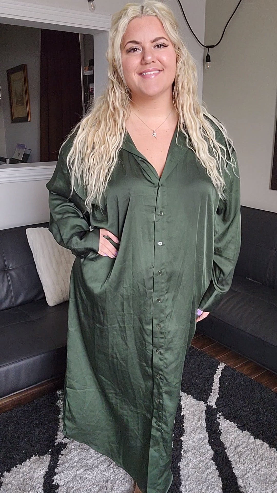Size 22 Satin Forest Green Button Up Maxi Dress