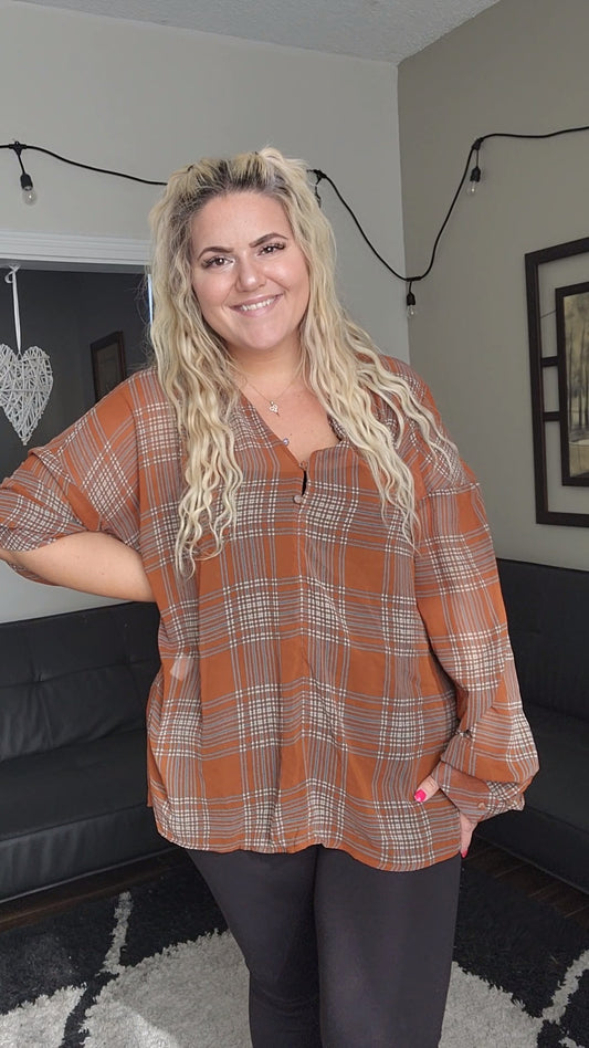Size 4x Brown Plaid Long Sleeve Blouse