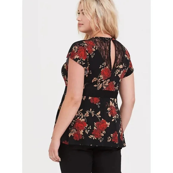 Size 5x Black and Red Floral Studio Knit Lace Peplum Top